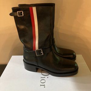 Dior Diorider shiny calfskin black biker boots with red and white stripe